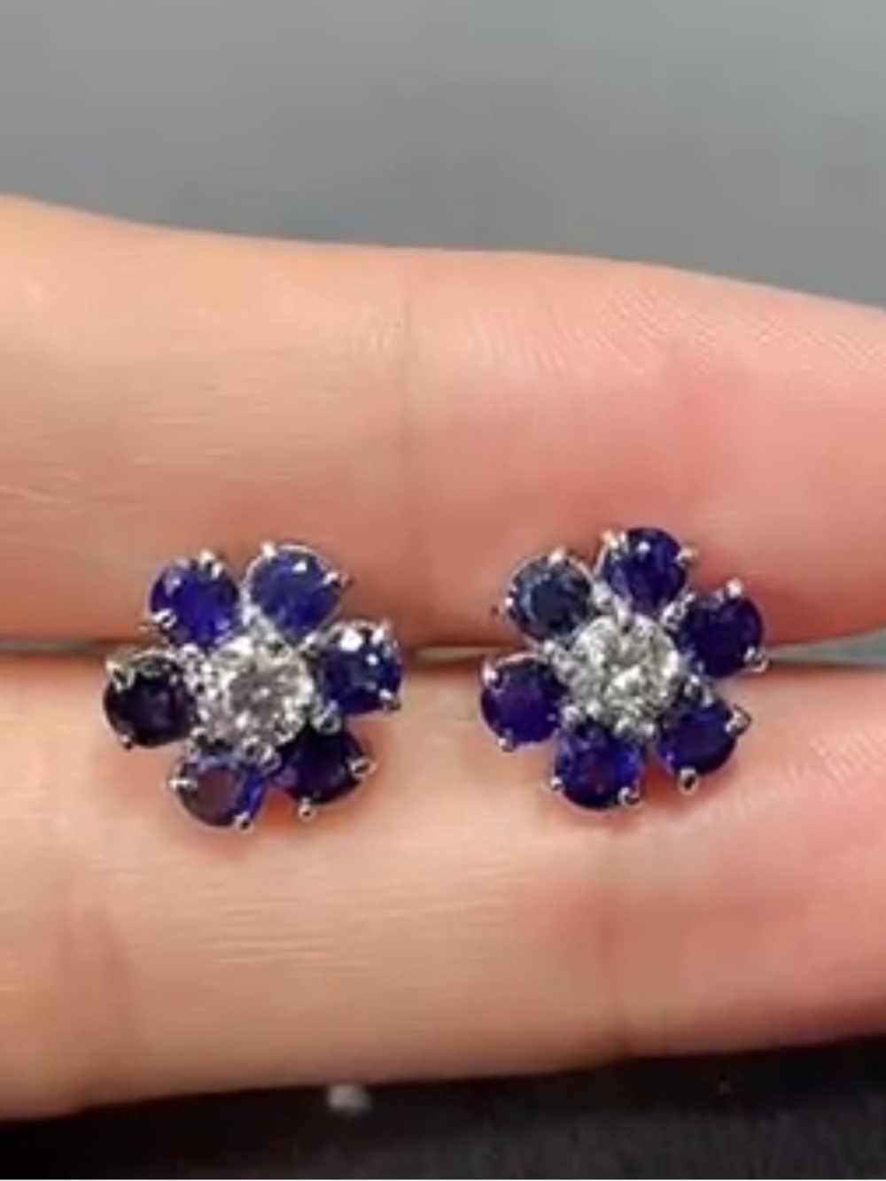 Platinum Flower Sapphire and Diamond Stud Earrings - Blue